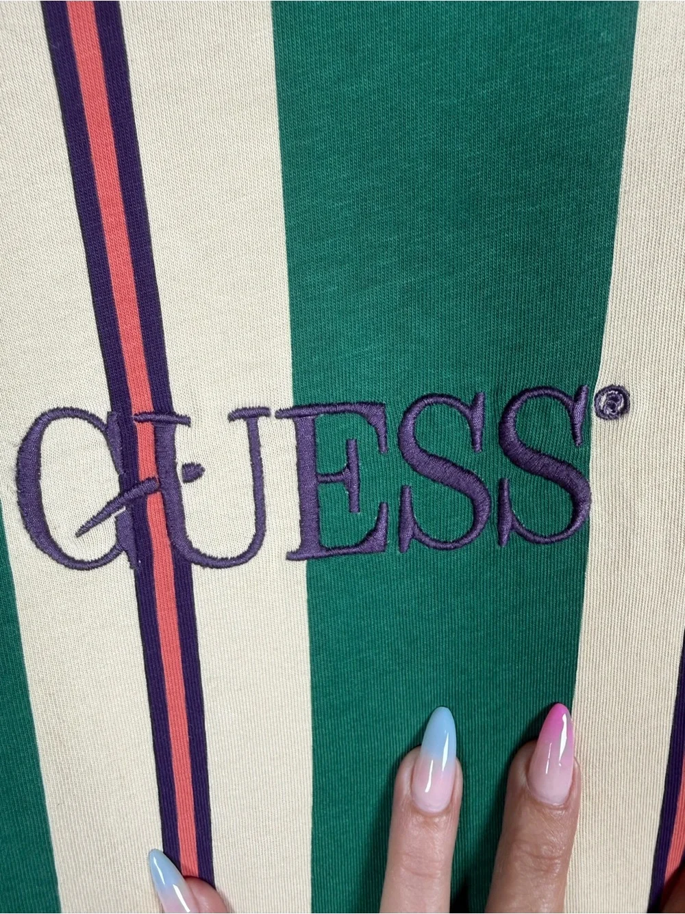 GUESS Green, Cream & Purple Striped Logo Tee. Just style at its finest 🧡🧡 - Picture 4 of 9